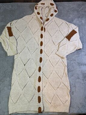 Knit Hooded Openwork Cardigan Sweater - Cream with Brown Accents